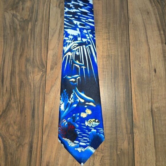 Brother's Hand Made Blue Tie With Dolphins & Marine Life Print - Picture 4 of 7